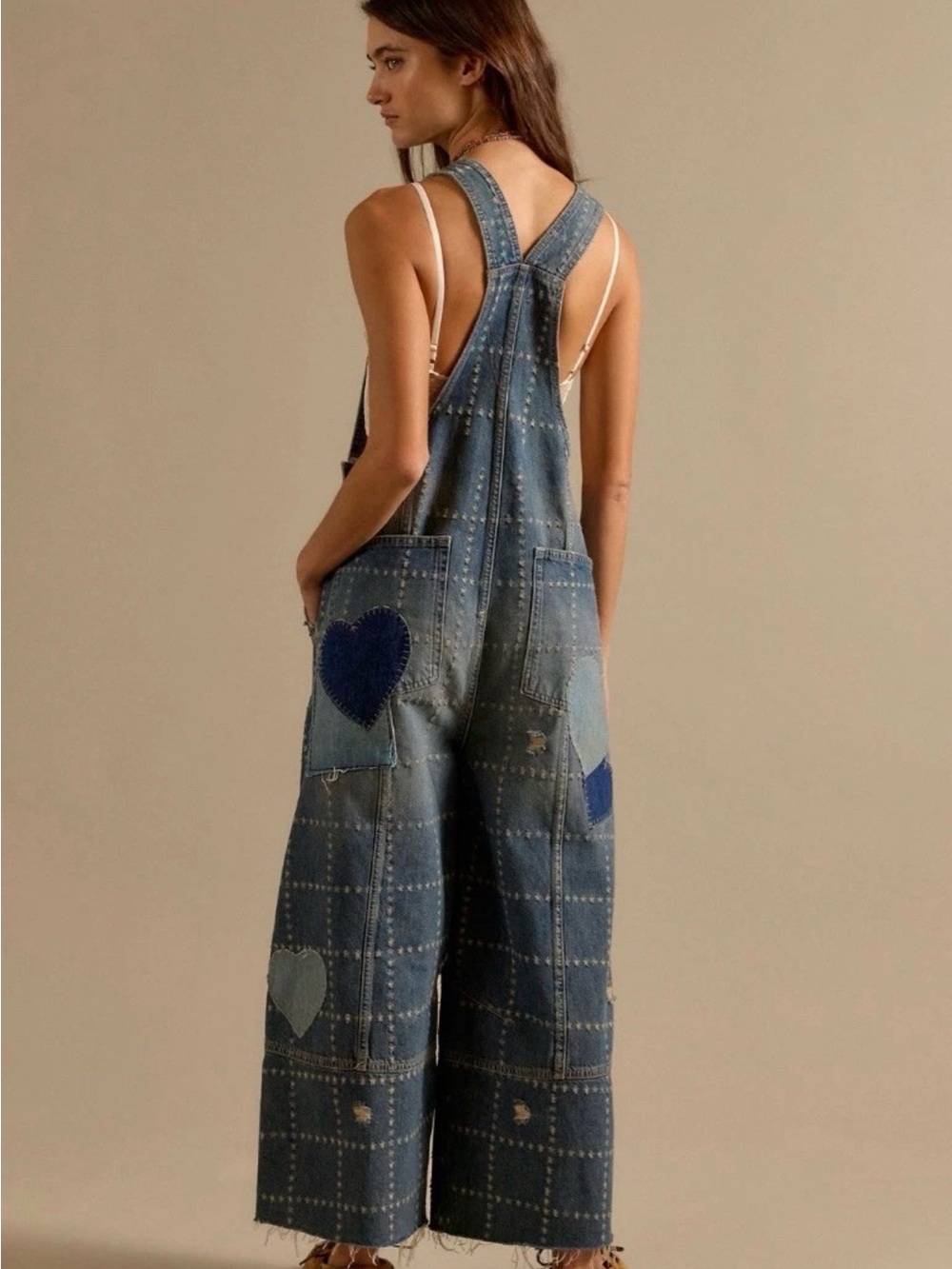 Free People We The Free Rambler Novelty Overalls Heart Appliques Denim - Picture 3 of 6
